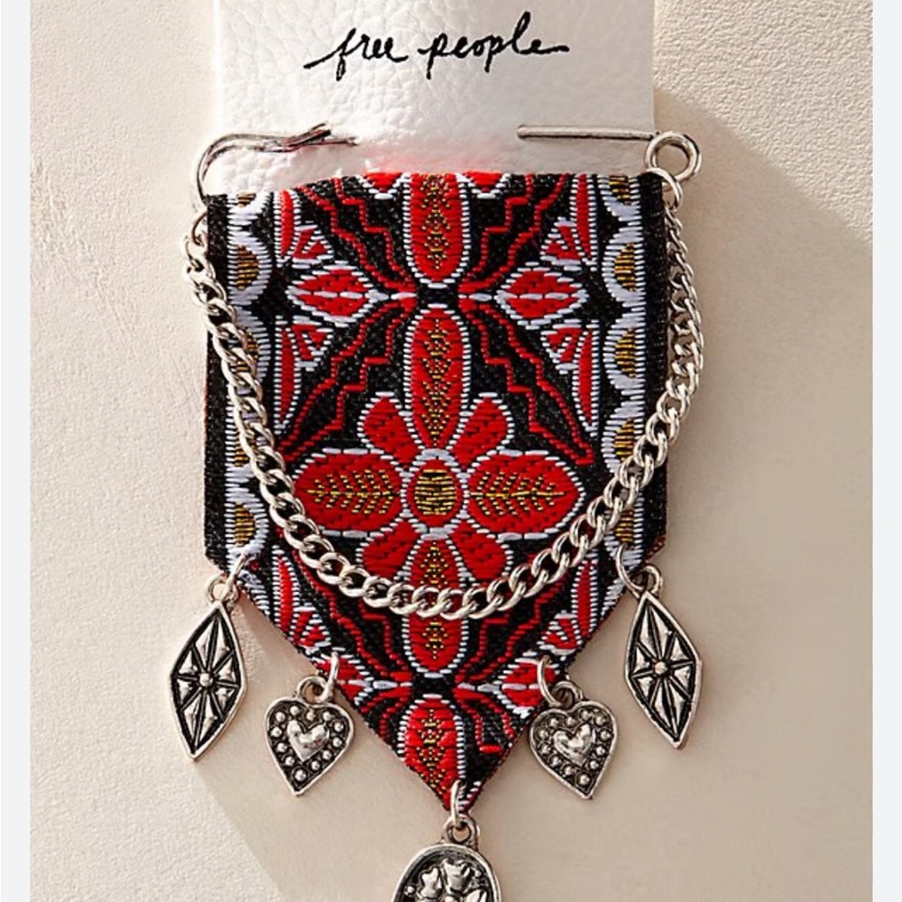 Free People Red and Black Embroidered Brooch with Silver Charms